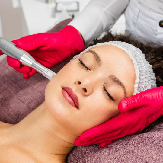Eine Person erhält eine Gesichtsbehandlung mit einem Microdermasions-Gerät